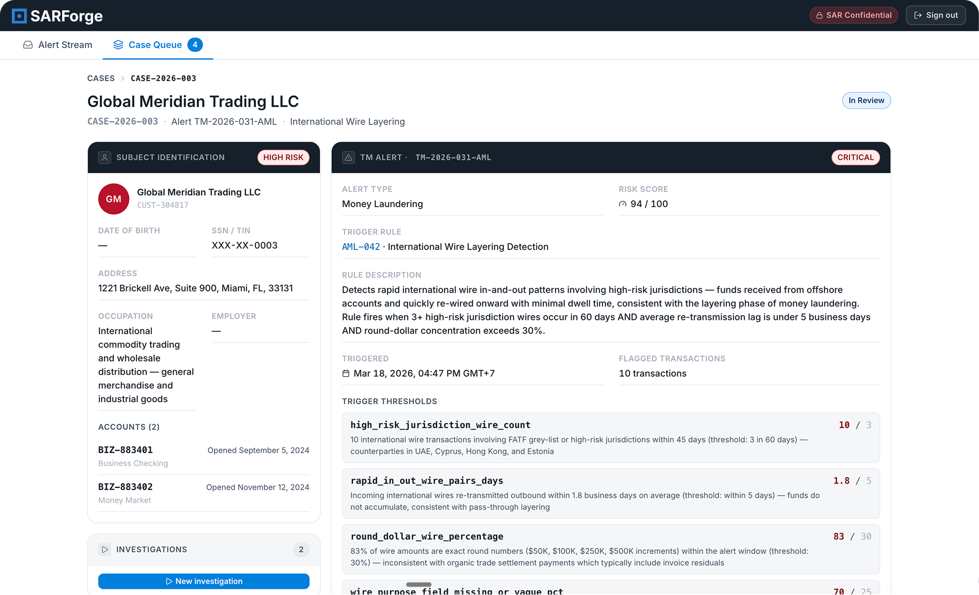 SARForge dashboard showing source-mapped SAR package evidence