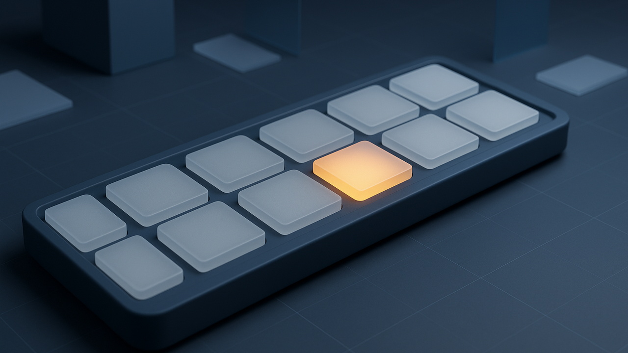 Twelve blank frosted navy tiles in two rows of six on a wide tray, one tile glowing amber.