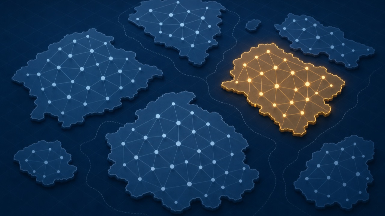 An abstract map of the enterprise AI agent market as node territories, with one category region highlighted in amber