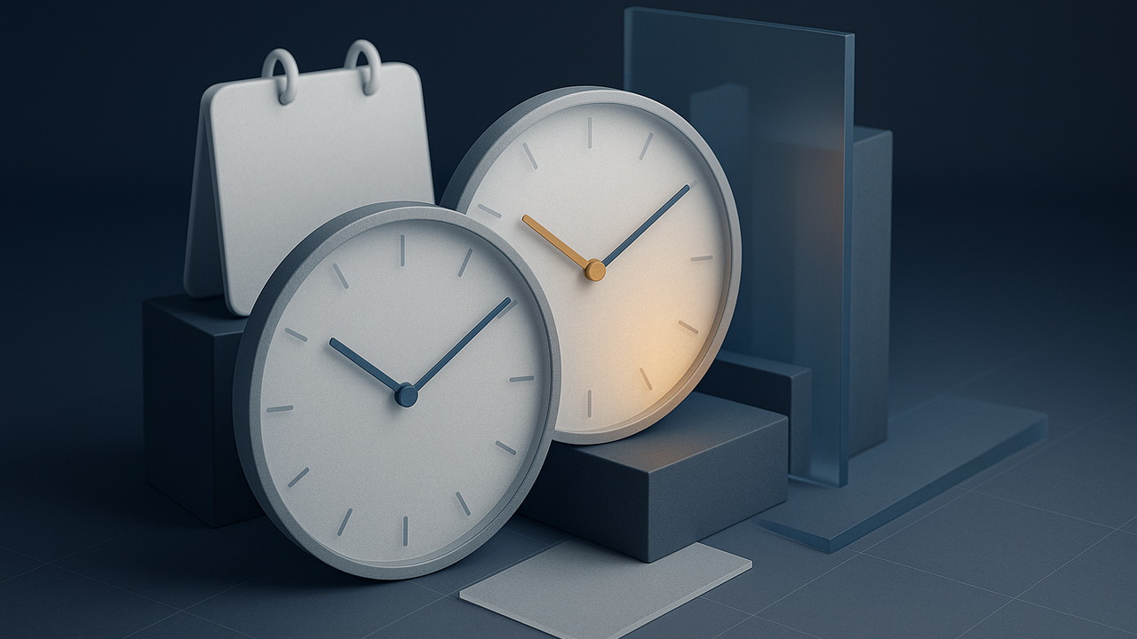 Two unmarked overlapping clock faces out of phase, one amber hand pointing to a different tick than the navy hands.