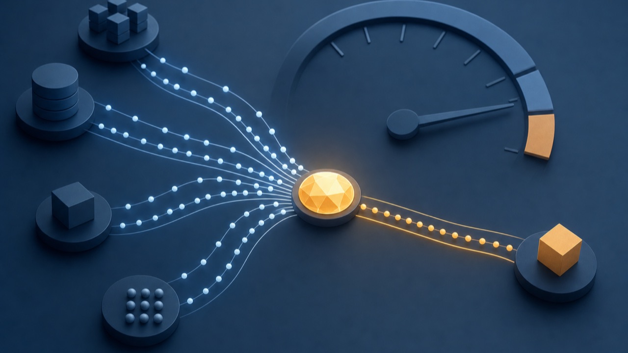 A glowing amber decision gem with token streams flowing in and a cost gauge behind it, illustrating what one agent decision costs