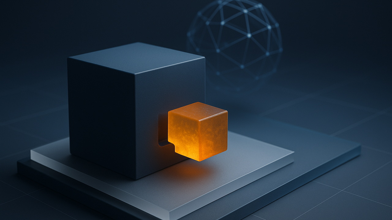 A navy model cube with a carved-out notch holding a leftover amber residual solid beside a dim network sphere.