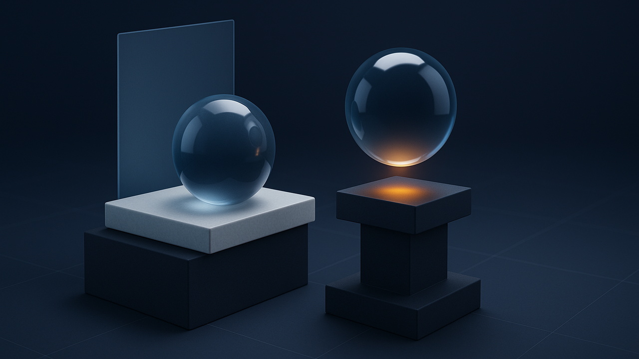 A provider slab handing a glass system orb onto a deployer pedestal that seats it into a live navy platform at an amber contact point.
