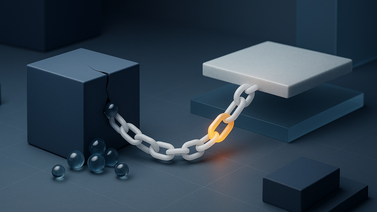 A navy vendor cube opening to release glass orbs, linked by frost-white supply-chain pieces with one amber hinge.
